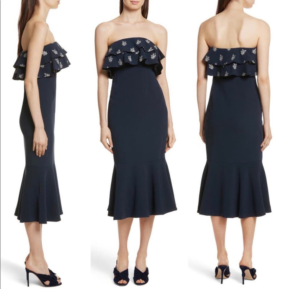 Cinq à Sept Navy Blue Eza Strapless Ruffle Flounce Midi Cocktail Dress